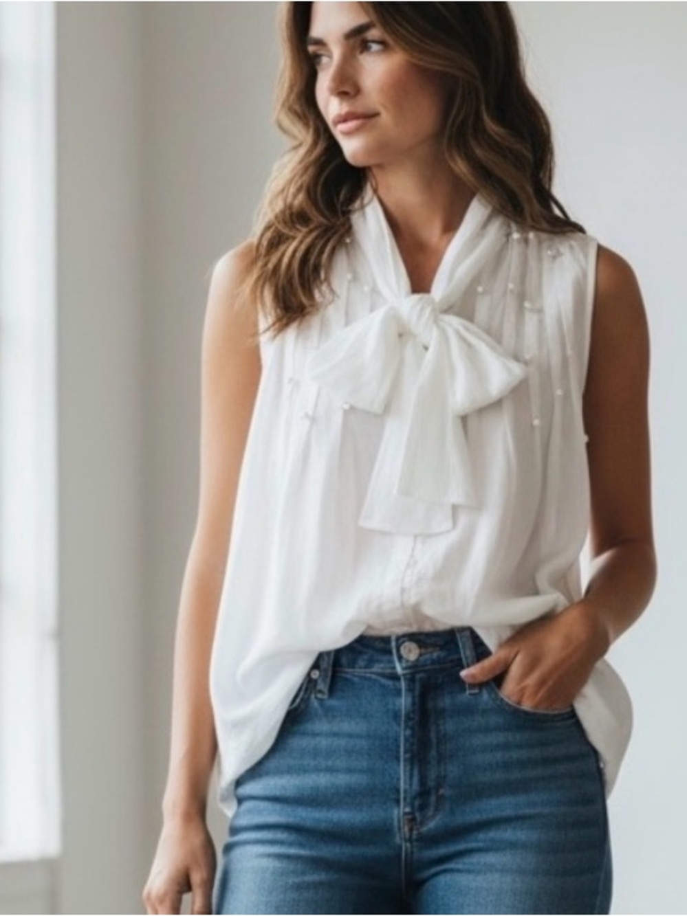 Anthropologie Boho Chic  Balletcore - Ivory Pearl-Embellished Babydoll Top XS